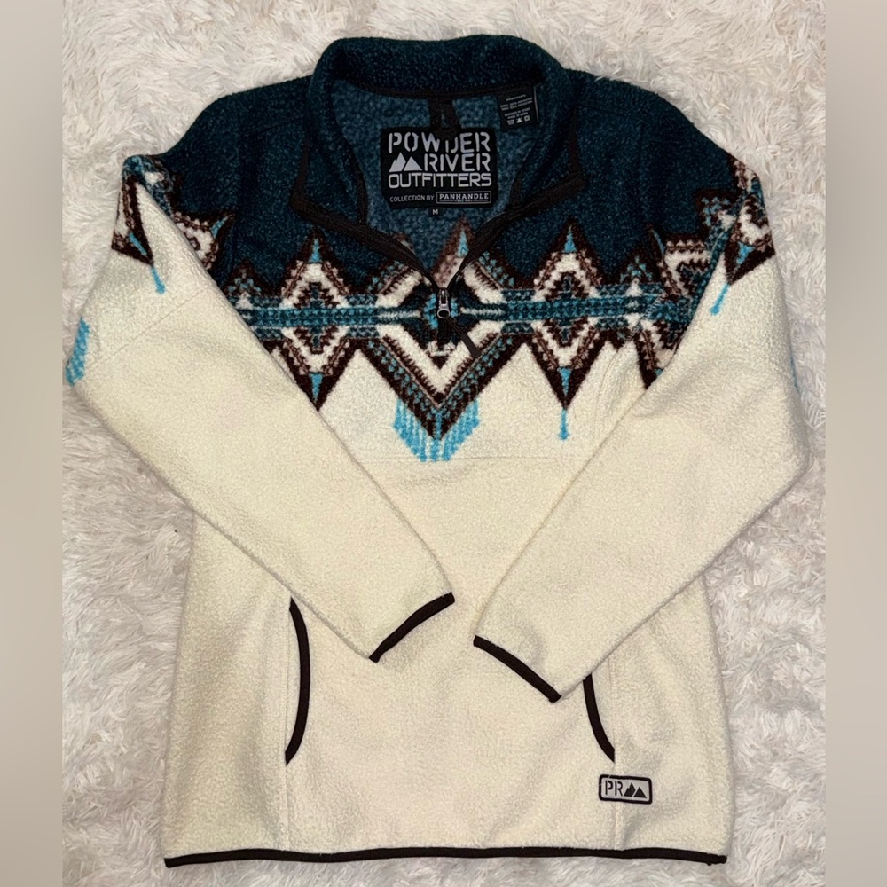Powder River Women’s Border Berber Fleece Pullover Cream Brown Teal | Size M